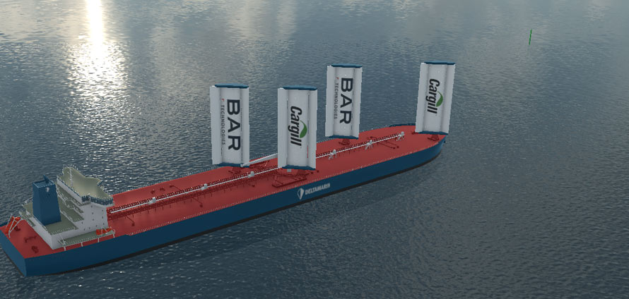 Illustration of a boat with Wind wings from Bar technologies