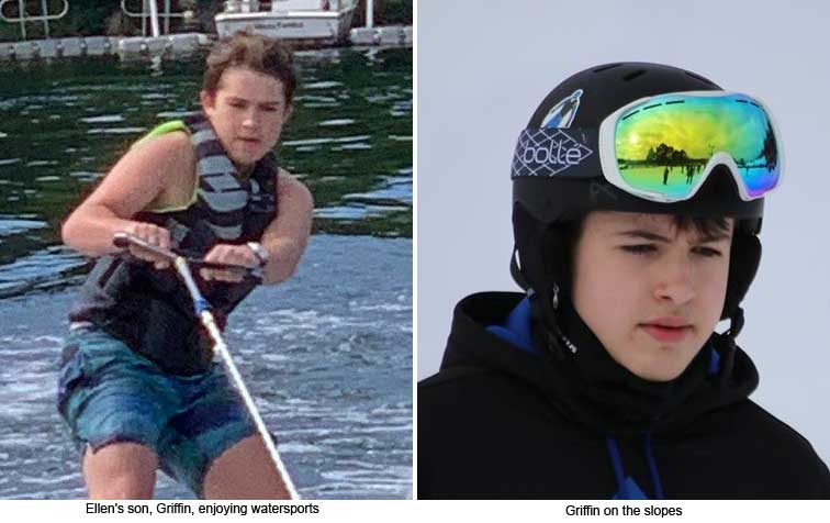 (left) Ellen's son, Griffin, enjoying watersports, (right) Griffin on the slopes