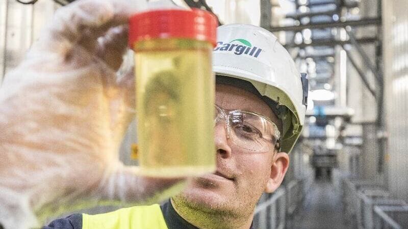 Man holding oil sample among silos hard hat in Belgium