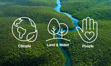 forest river background and climate, land&water, people icons on foreground