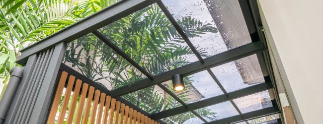 Clear acrylic roof with raindrops on it and trees nearby