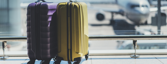 Two pieces of luggage by an airport window