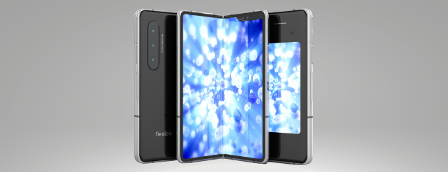 Three mobile phones including one with a flexible screen