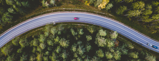 Aerial view of car driving on road through forest