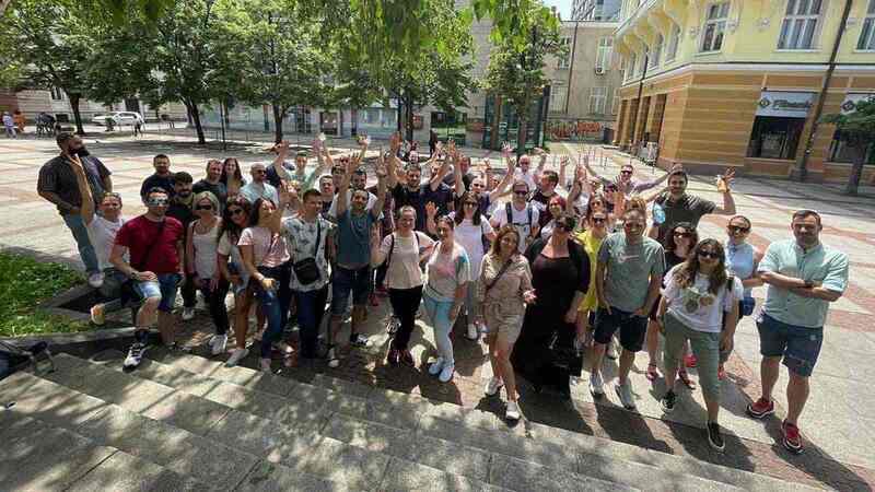 A group of colleagues in Europa, during a recent treasure-hunt teambuilding activity. 