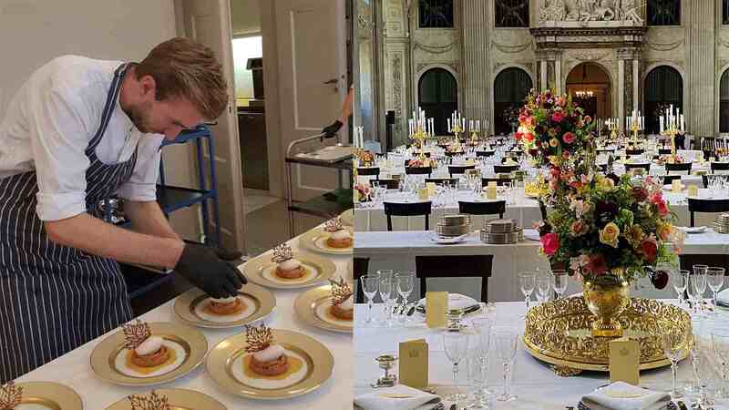 Chef prepping pastry dish at a fancy event.