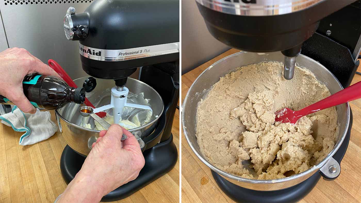 Vanilla extract being added into a mixing bowl. Vanilla extract being added into a mixing bowl.