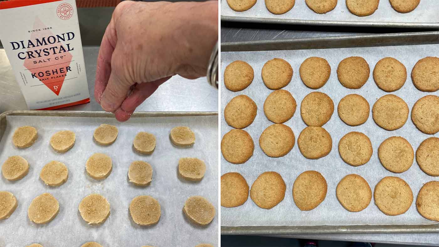 A side by side photo of sprinkling salt onto short bread. A side by side photo of sprinkling salt onto short bread.