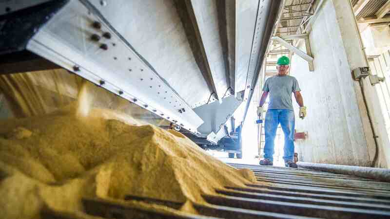 A Cargill employee in an animal feed production facility.