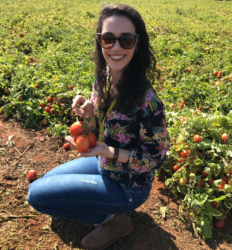 A woman smiles and holds up several tomatoes while kneeling down in front of rows of tomato plants. A woman smiles and holds up several tomatoes while kneeling down in front of rows of tomato plants.