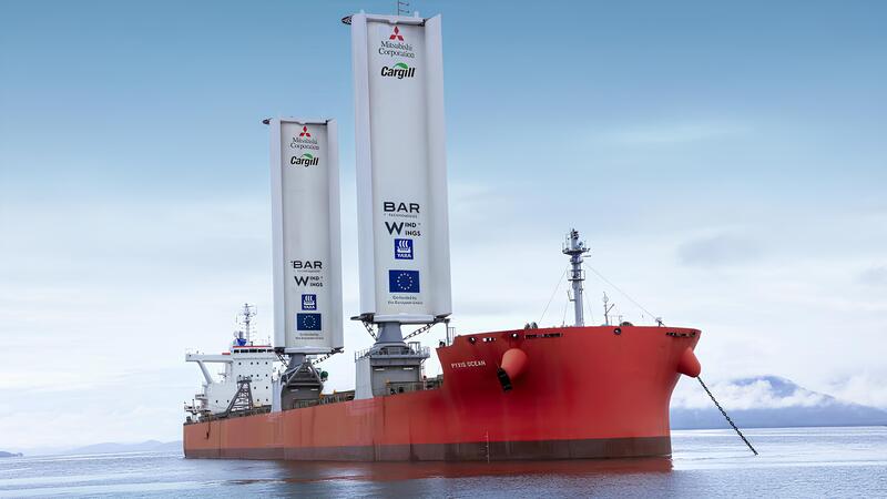 A bulk-carrying vessel with airplane-style wings that rise as 45-meter-high sails. A bulk-carrying vessel with airplane-style wings that rise as 45-meter-high sails.