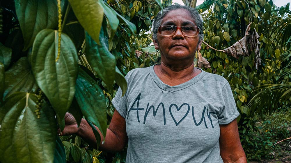 A farmer in Brazil stands in front of a grove of trees. 