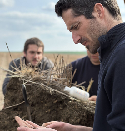 A conservation agronomist looks at soil in a farm field in France.