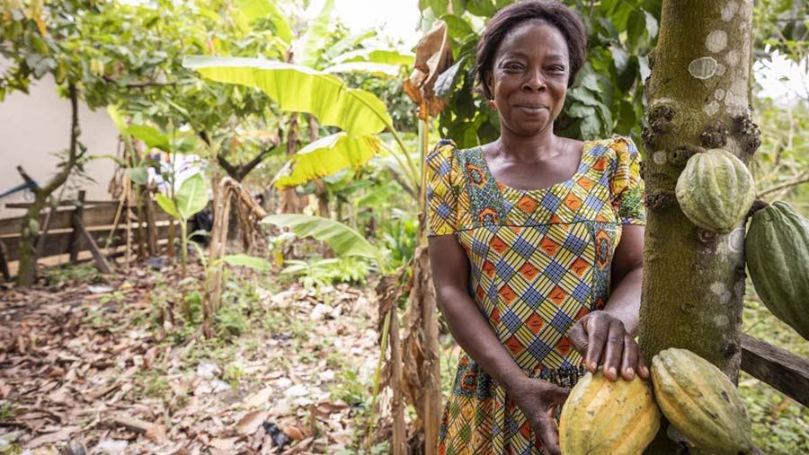 A cocoa bean farmer stands in front of a cocoa tree. 