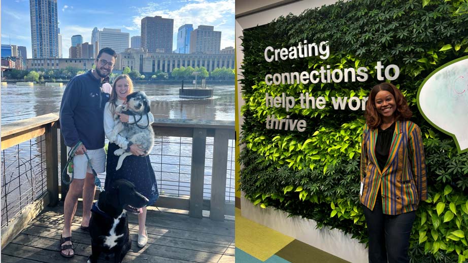 Two photos side by side of a family with dogs and an intern posing against a floral wall. Two photos side by side of a family with dogs and an intern posing against a floral wall.