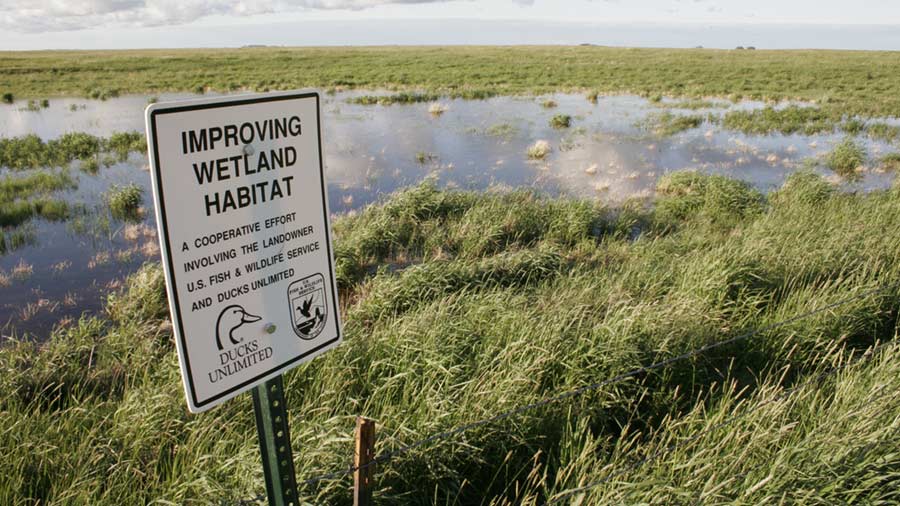 A sign for a Ducks Unlimited wetlands improvement project in Lower Great Plains. 