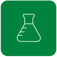 white outline of lab beaker in green square