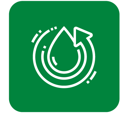 blue square with white outline of liquid drop w/ arrow around it