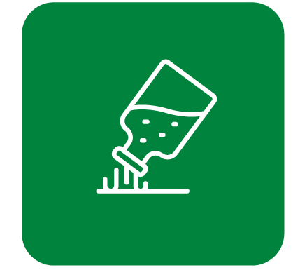 white outline of pouring bottle in green square
