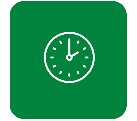White clock icon outline in green square