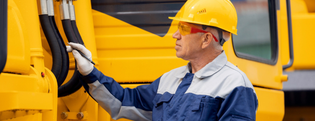 Driver mechanic checks hydraulic hoses of excavator Driver mechanic checks hydraulic hoses of excavator