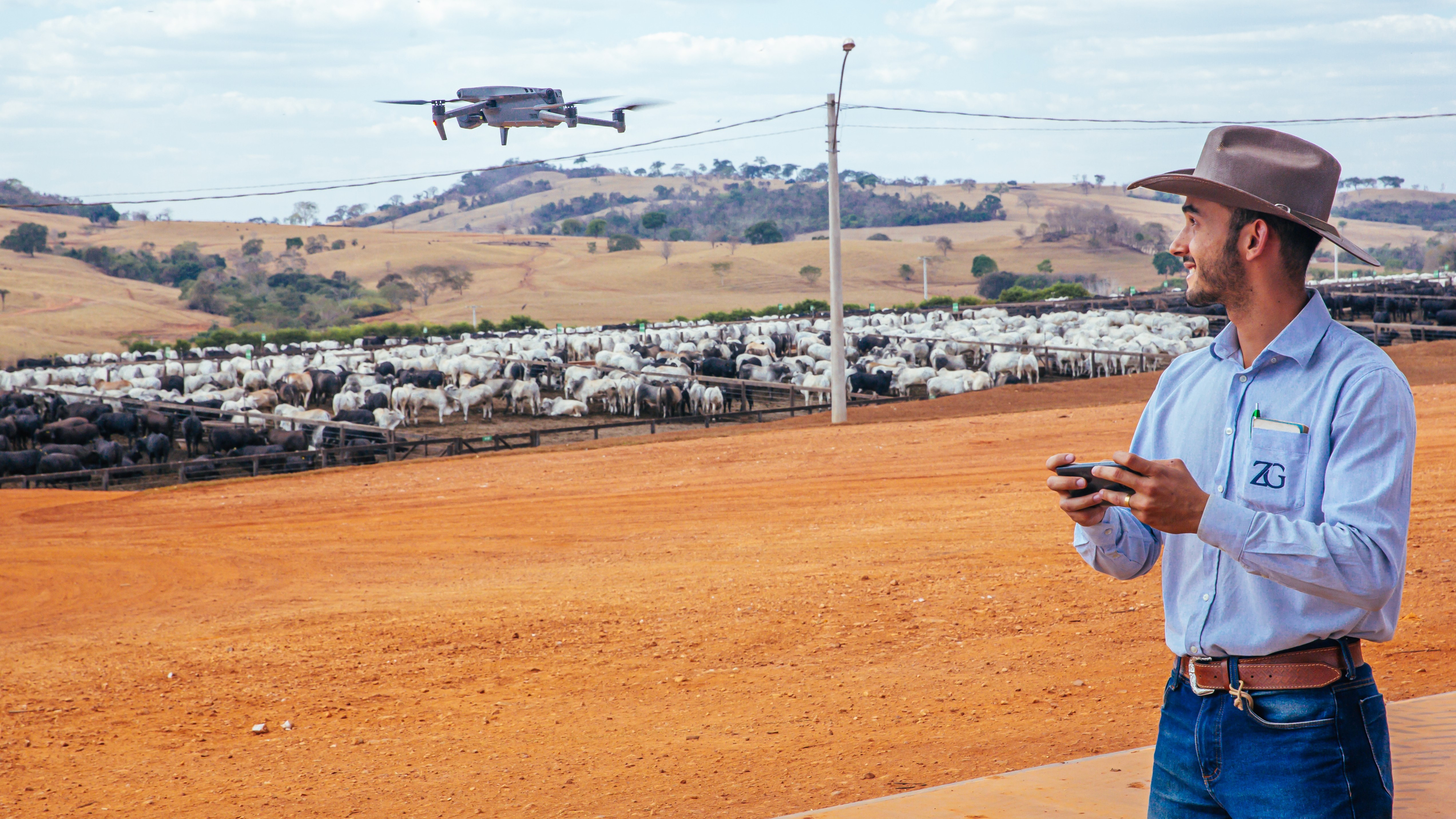 A cattle farmer holds a controller and watches a drone take off into the air in front of a large paddock of cattle. 
