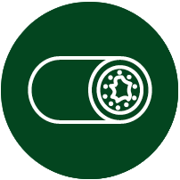 dark green circle with white die build outline