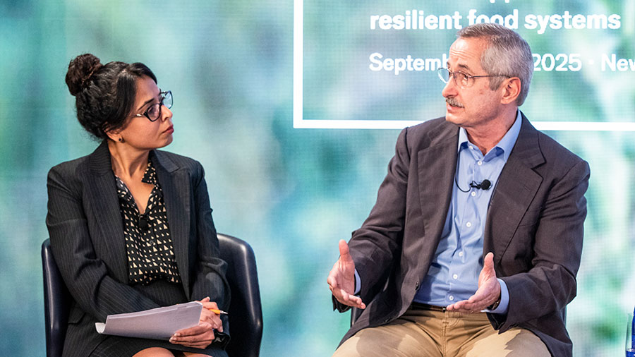 Pratima Singh, principal of policy and insights at Economist Impact moderates a Climate Week panel discussion with Antonio Cabrera.
