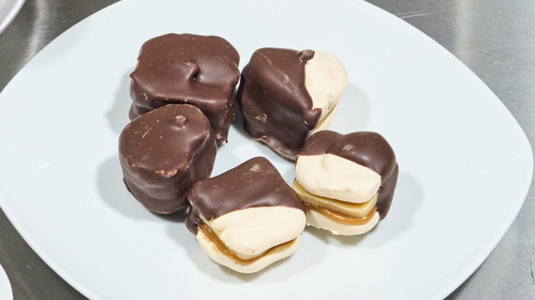 A plate with five chocolate-dipped, protein-fortified macaron. 