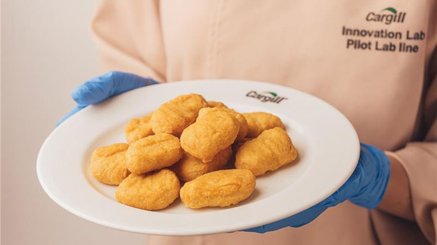 A person in a white suit and green headwrap and face mask holds a piece of chicken and takes noes while standing in a lab.