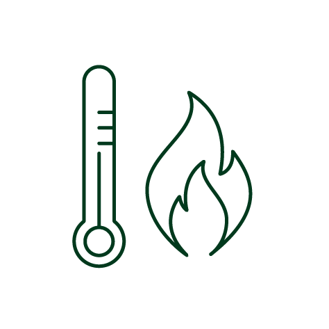 green outline of thermometer and flame