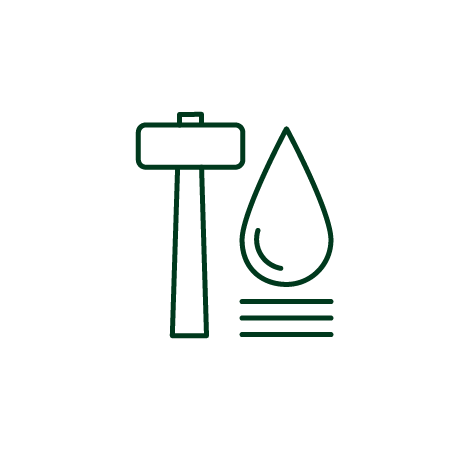 green outline of hammer and droplet 