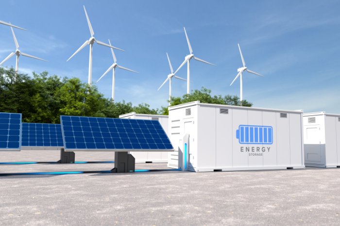 Energy storage systems with wind turbines and solar farms