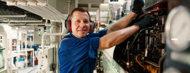 Marine engineer officer controlling vessel enginesand propulsion in engine control room ECR. Ship onboard maintenance