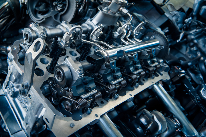 A close-up of the car's modern, powerful engine.
