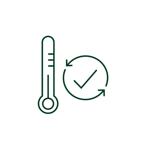 green outline of a thermometer and circle with checkmark inside