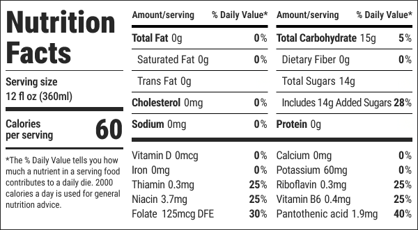 Peach-flavored energy tea nutritional information