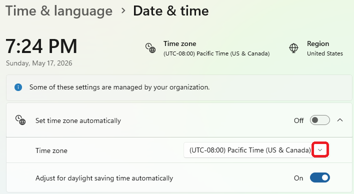 Time zone menu