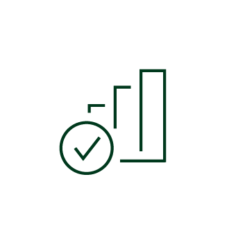 Green line icon showing a vertical bar chart with three ascending bars beside a circle containing a check mark, representing performance, durability, and low friction.