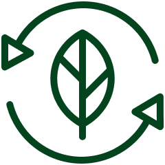 Green line icon of a leaf surrounded by two circular arrows
