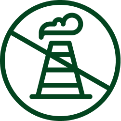 Green line icon of an oil derrick inside a circle with a diagonal slash