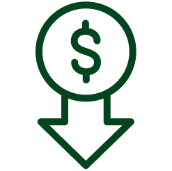 Green line icon of a dollar sign inside a circle above a downward-pointing arrow