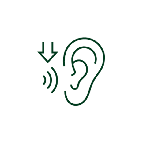 green outline of an ear, sound waves, and a downward arrow.