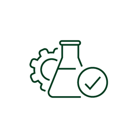 green outline of a flask, gear, and check mark