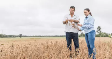 Foto de um produtor de soja e uma funcionária da Cargill, ambos em pé, lado a lado, examinado um ramo de soja que a funcionária está segurando