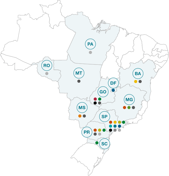 Mapa do Brasil indicando a localização das diferentes instalações da Cargill no país